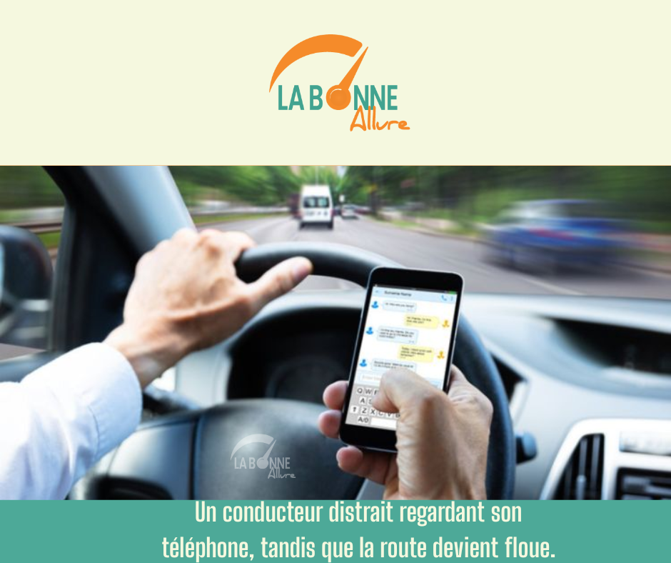 Un conducteur distrait regardant son téléphone, tandis que la route devient floue.